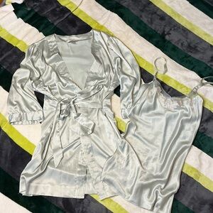 Victoria's Secret Silver Satin Robe and Nightgown Set